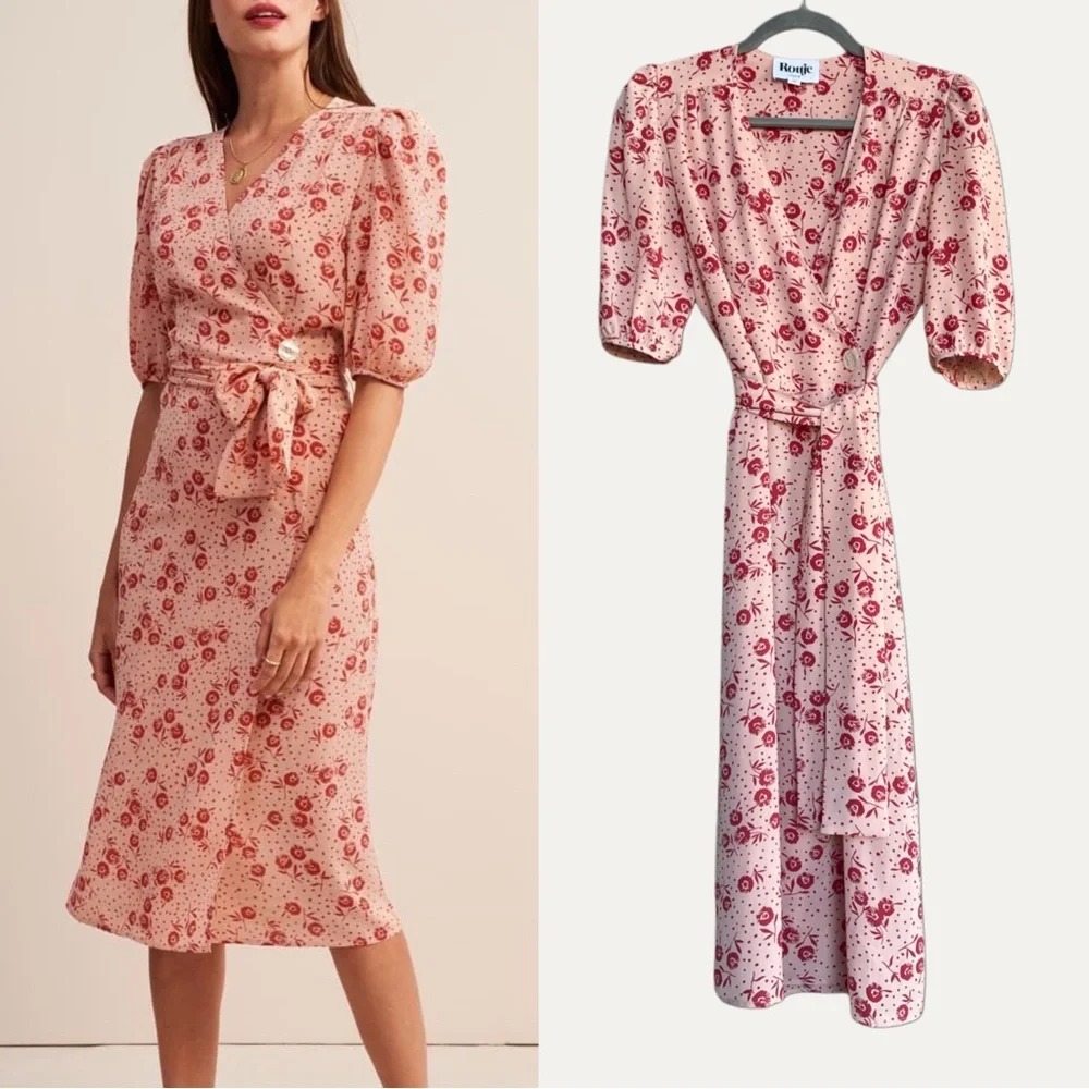 ROUJE Peach Pink Red Retro Classic Floral Dot Printed Rosalie Midi Wrap Dress - Picture 5 of 14